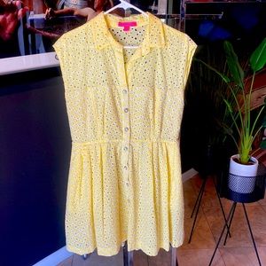Betsey Johnson Yellow Floral Eyelet Short Collared Dress